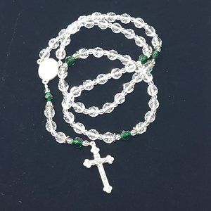 Vintage Catholic Rosary Clear & Green Glass Beads Religious Jewelry Nickel 7686